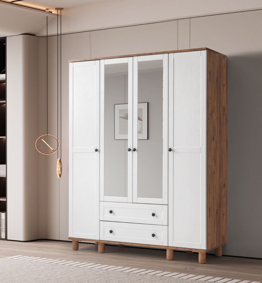 Hera Ceviz-Beyaz 4 Kapılı Dolap