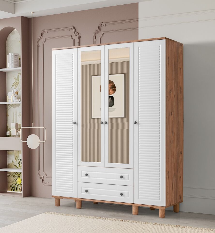 Kayra Ceviz-Beyaz 4 Kapılı Dolap